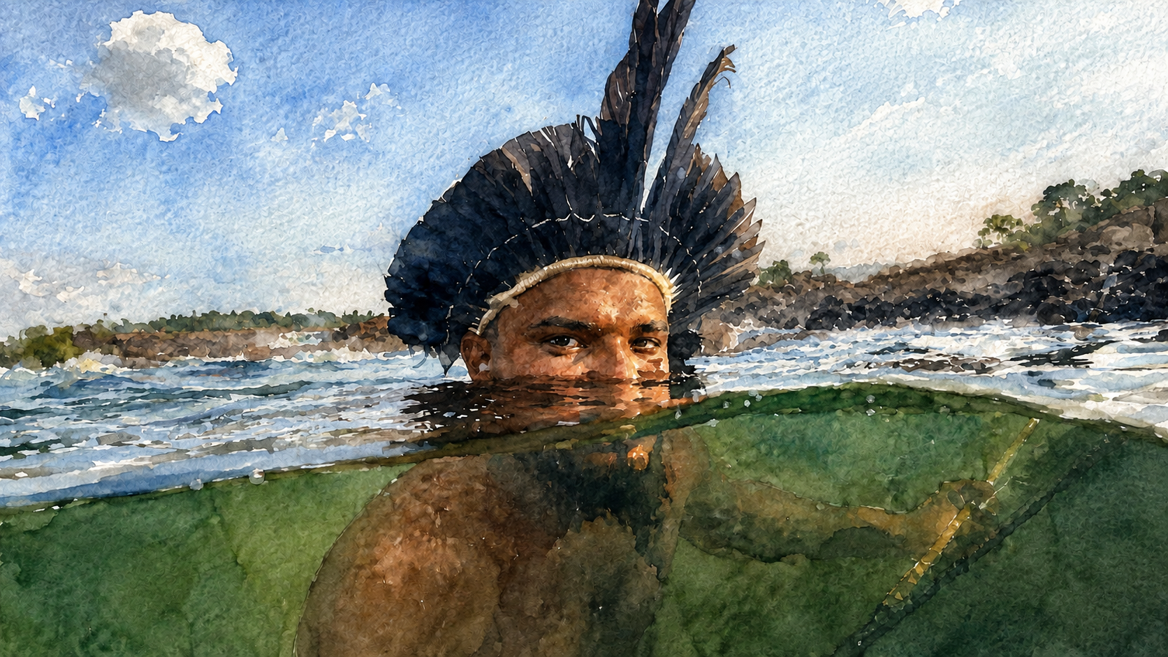 Pessoa indígena em meio às águas, em aquarela