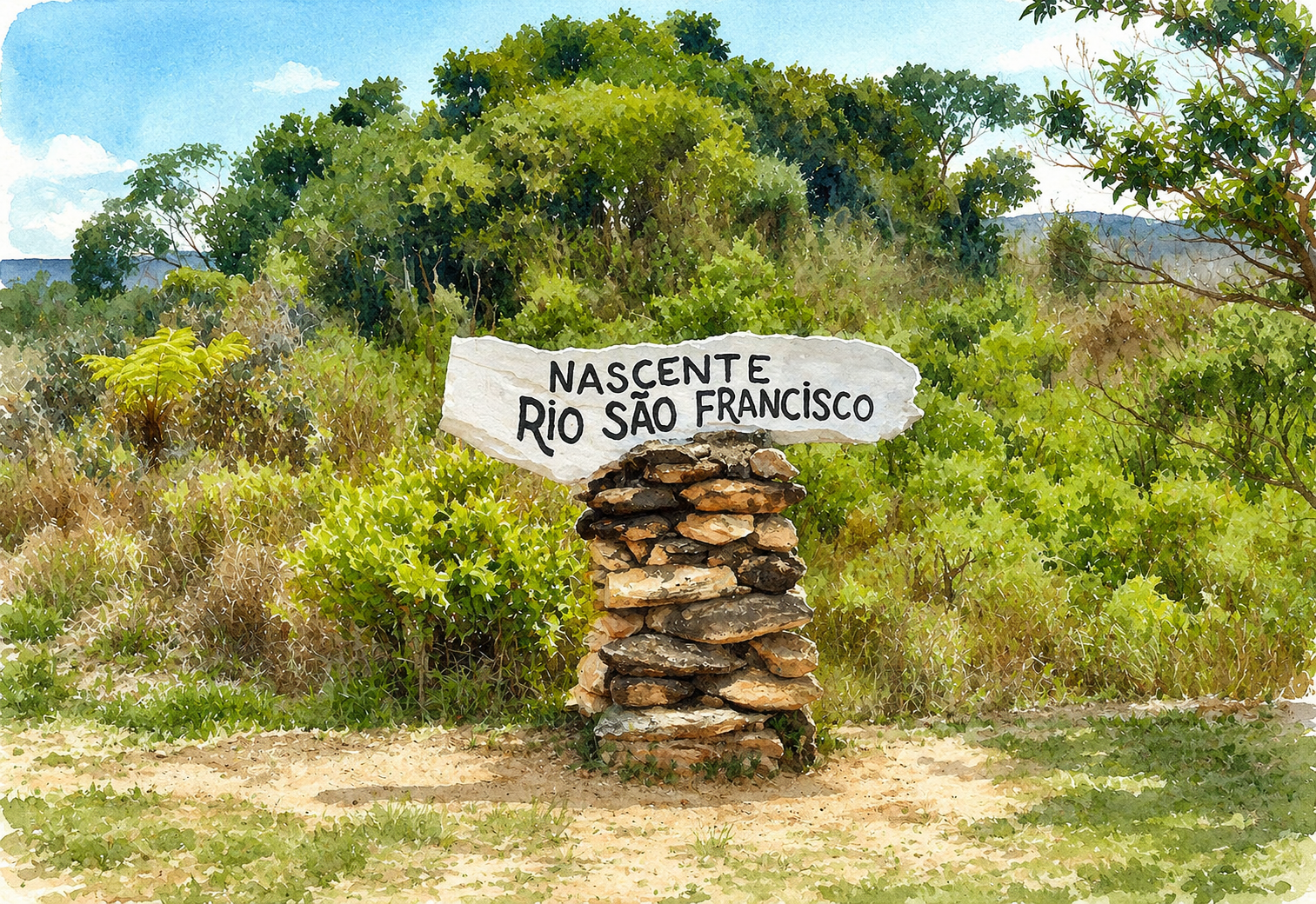 Marco da nascente do Rio São Francisco em meio à vegetação