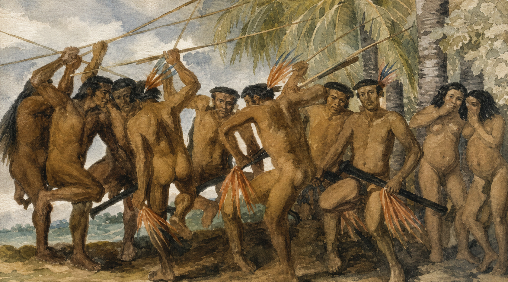 Povos originários reunidos em representação de aquarela