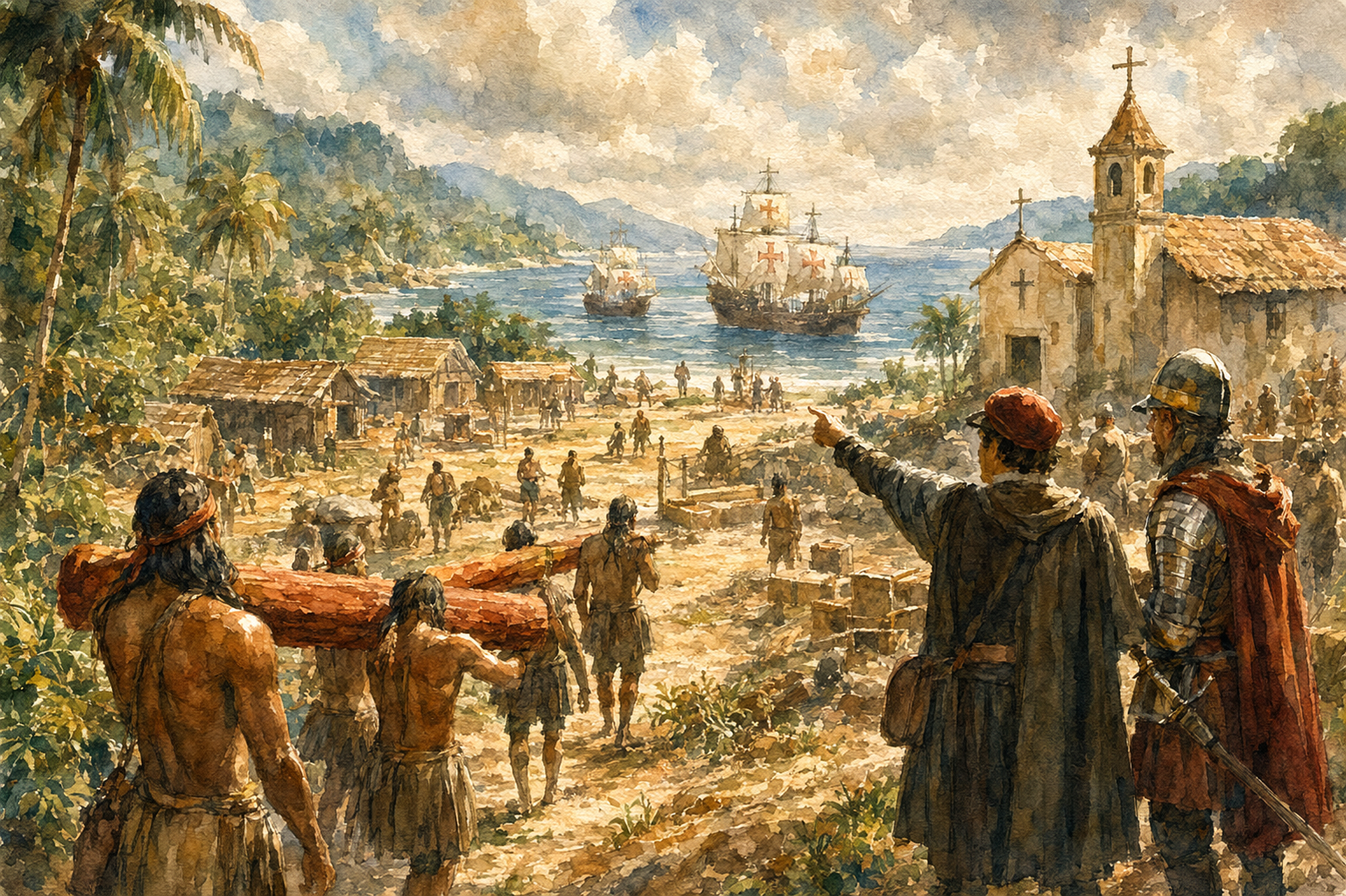 Representação em aquarela da chegada europeia e do encontro com povos originários