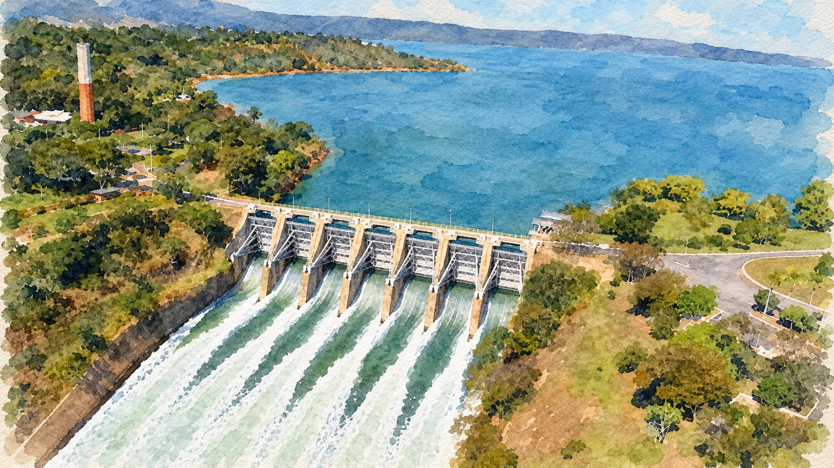 Barragem hidrelétrica em representação de aquarela