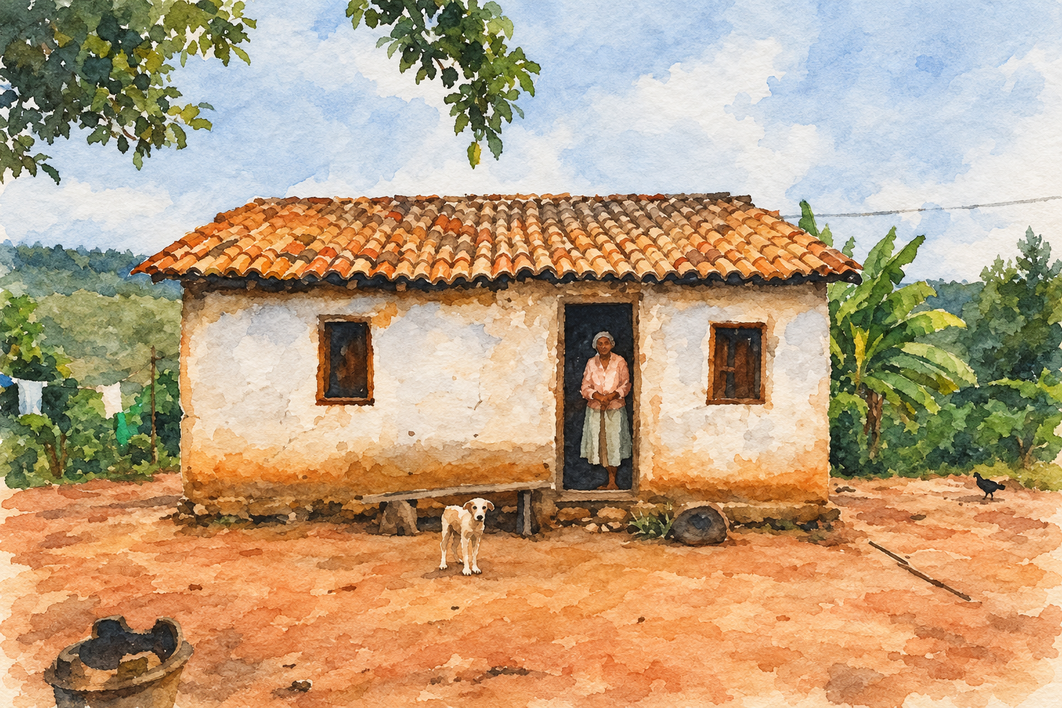 Casa rústica em representação de aquarela