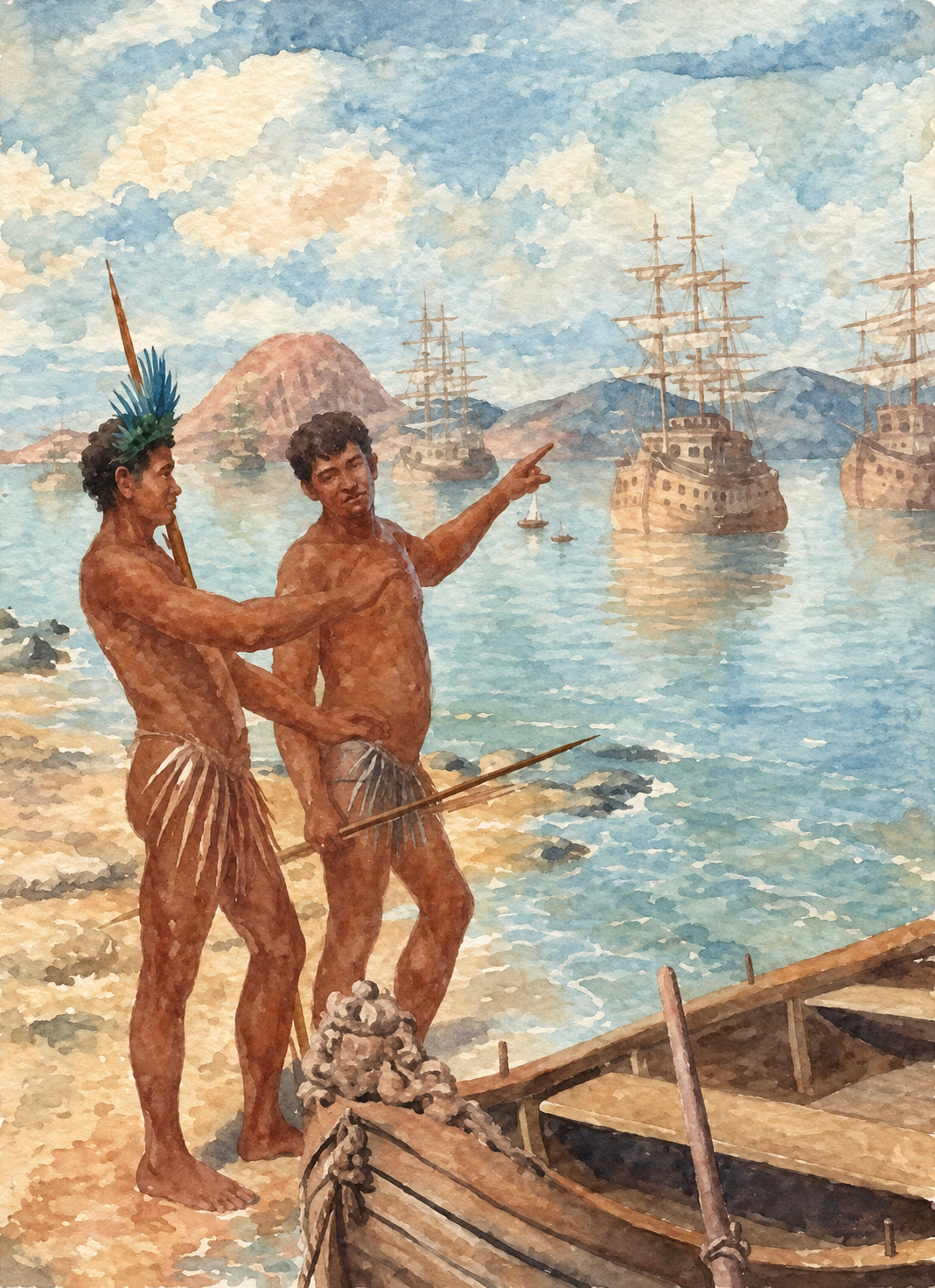 Representação em aquarela da invasão europeia